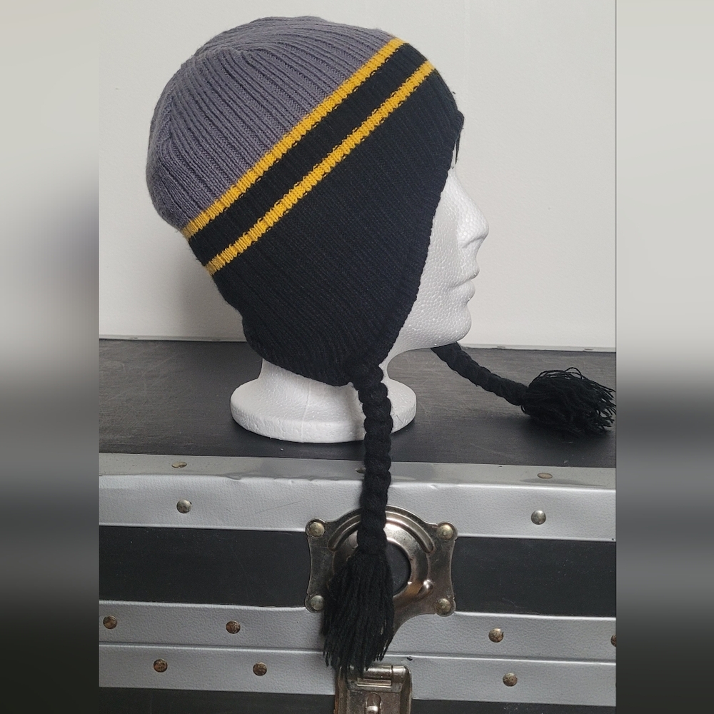 Gray and Black Knit Beanie with Yellow Stripes
